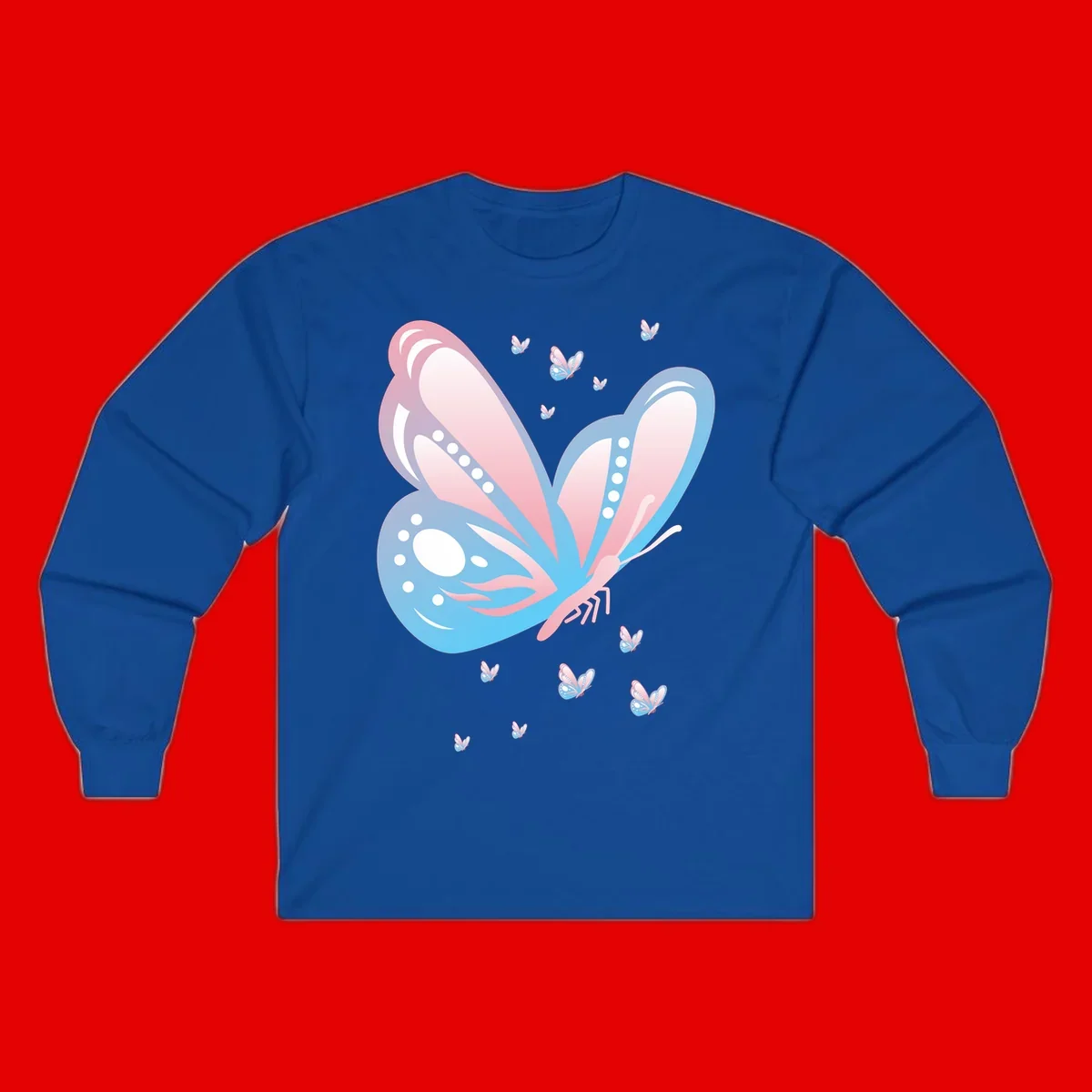 Large butterfly with pink and blue gradient wings featuring white dot details, surrounded by smaller flying butterflies on gray background