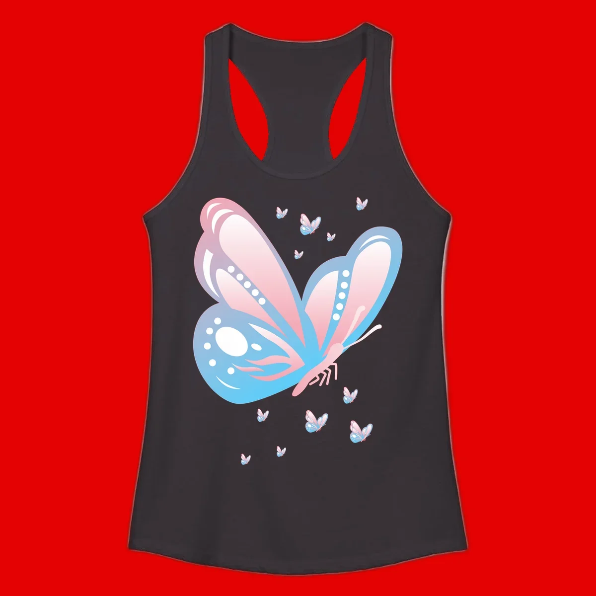 Large butterfly with pink and blue gradient wings featuring white dot details, surrounded by smaller flying butterflies on gray background