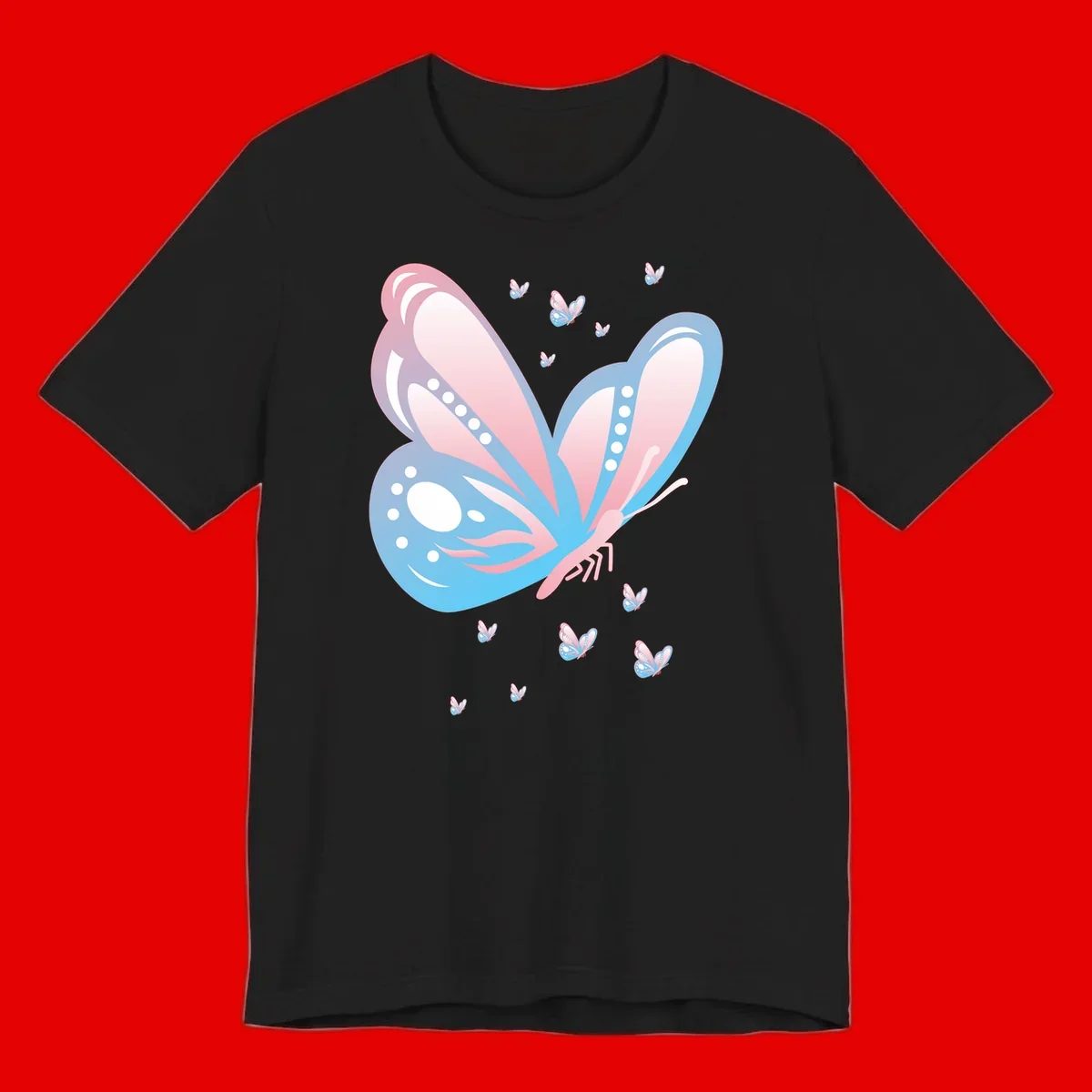 Large butterfly with pink and blue gradient wings featuring white dot details, surrounded by smaller flying butterflies on gray background
