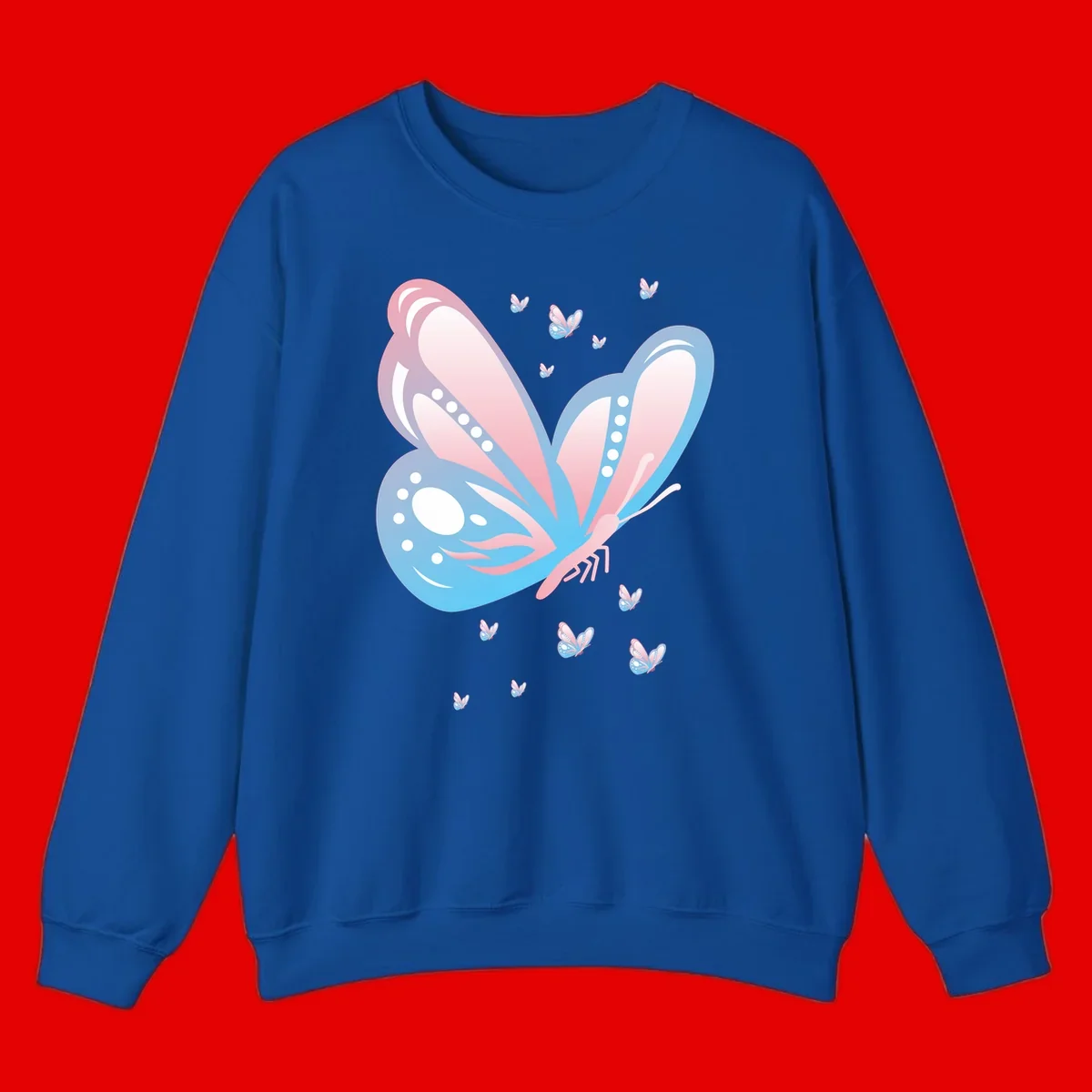 Large butterfly with pink and blue gradient wings featuring white dot details, surrounded by smaller flying butterflies on gray background