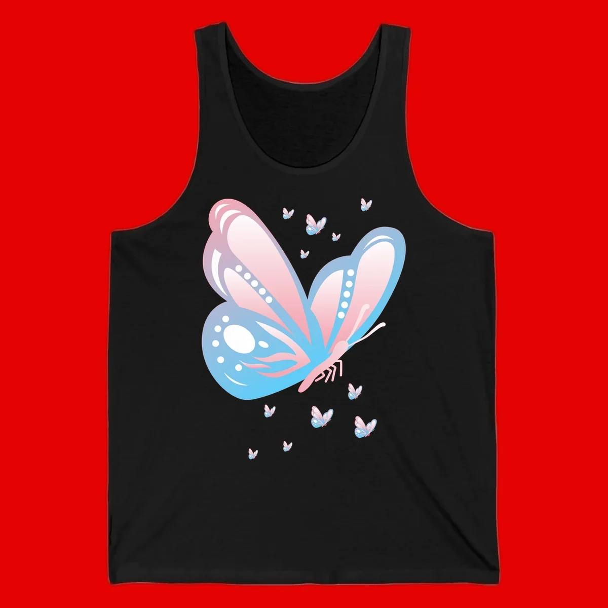 Large butterfly with pink and blue gradient wings featuring white dot details, surrounded by smaller flying butterflies on gray background
