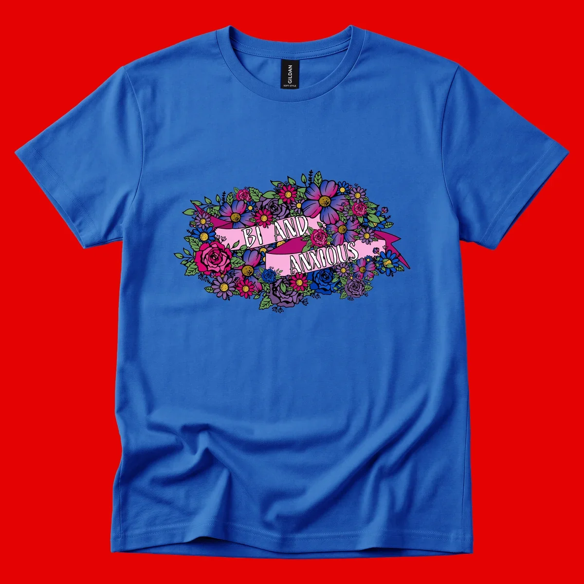 Colorful floral bouquet with pink banner reading 'Bi And Anonymous' featuring magenta roses, purple daisies, and blue flowers on gray background.