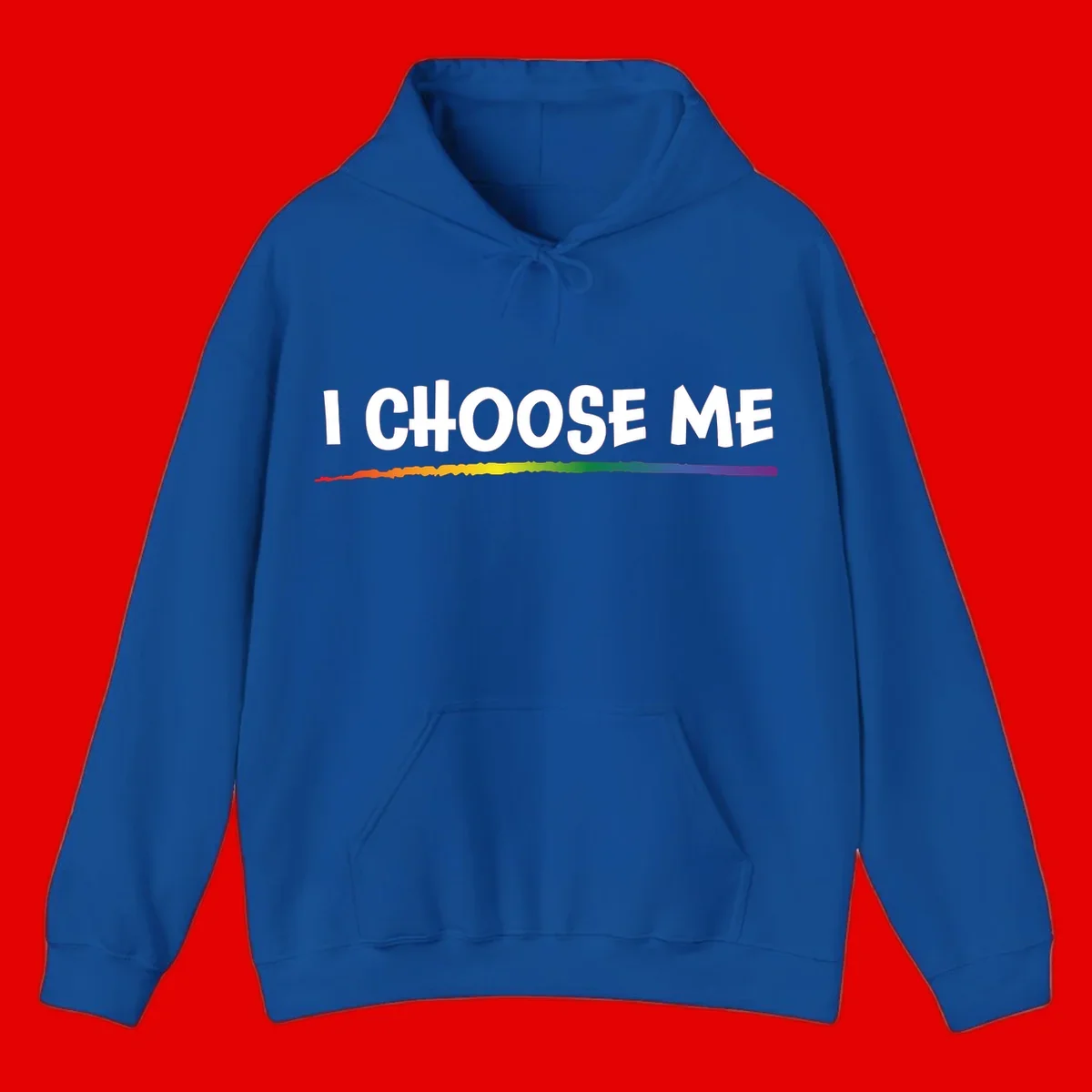 White text 'I Choose Me' above a vibrant rainbow gradient bar with pride flag colors on gray background