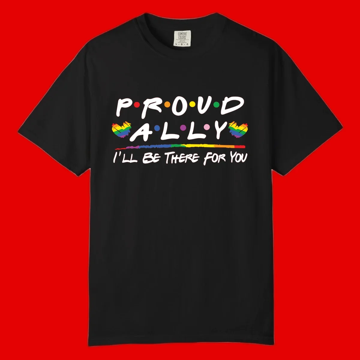 Proud ally support design with white hand-drawn text, rainbow hearts, and striped line on gray background