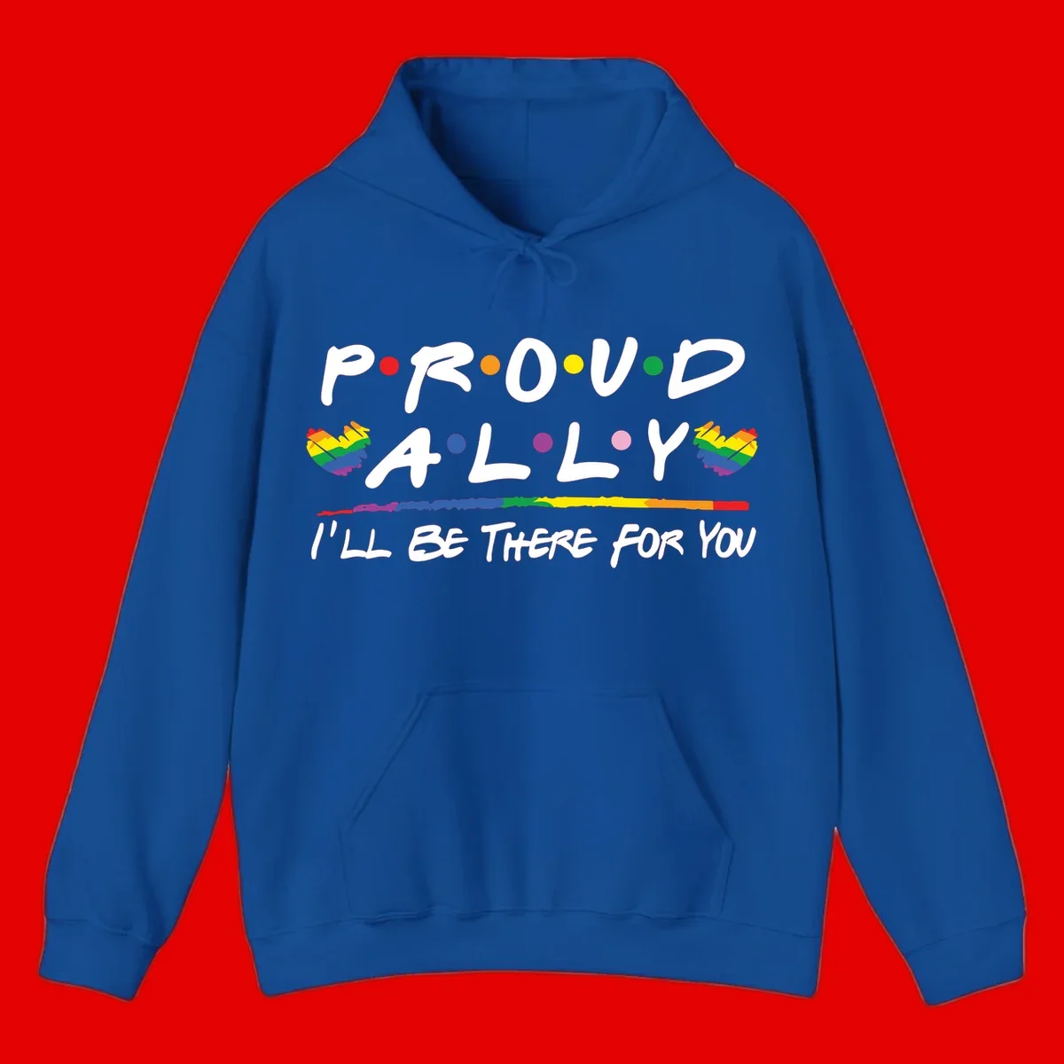 Proud ally support design with white hand-drawn text, rainbow hearts, and striped line on gray background