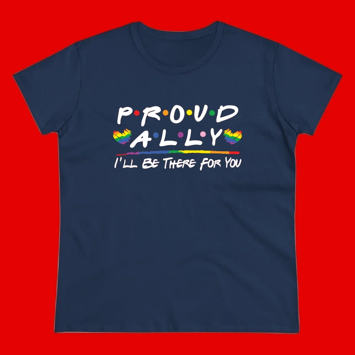 Proud ally support design with white hand-drawn text, rainbow hearts, and striped line on gray background