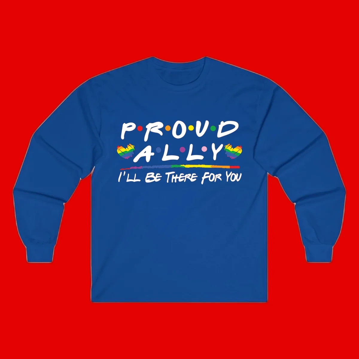 Proud ally support design with white hand-drawn text, rainbow hearts, and striped line on gray background