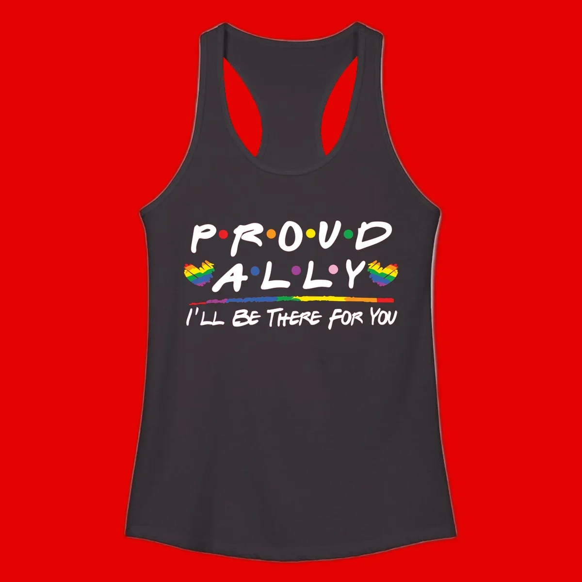 Proud ally support design with white hand-drawn text, rainbow hearts, and striped line on gray background