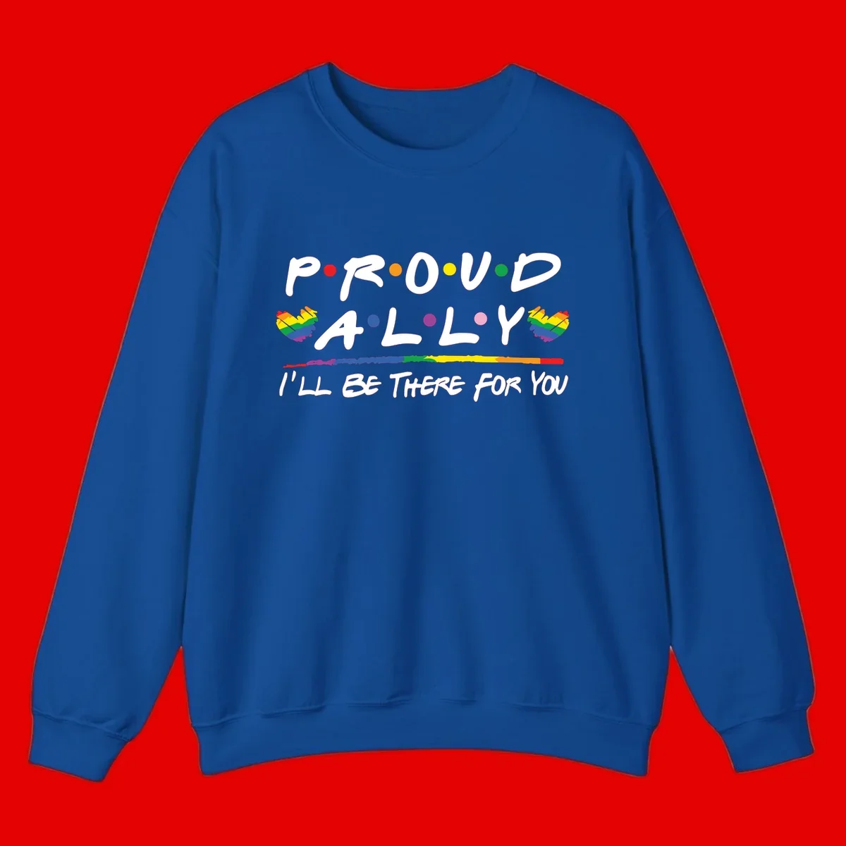 Proud ally support design with white hand-drawn text, rainbow hearts, and striped line on gray background