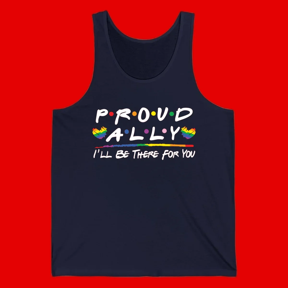 Proud ally support design with white hand-drawn text, rainbow hearts, and striped line on gray background