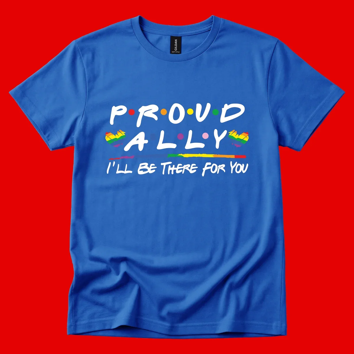 Proud ally support design with white hand-drawn text, rainbow hearts, and striped line on gray background