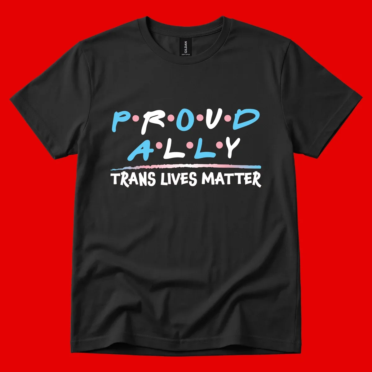 Proud ally trans lives matter design with blue and white text, pink decorative dots, and trans pride watercolor stripe