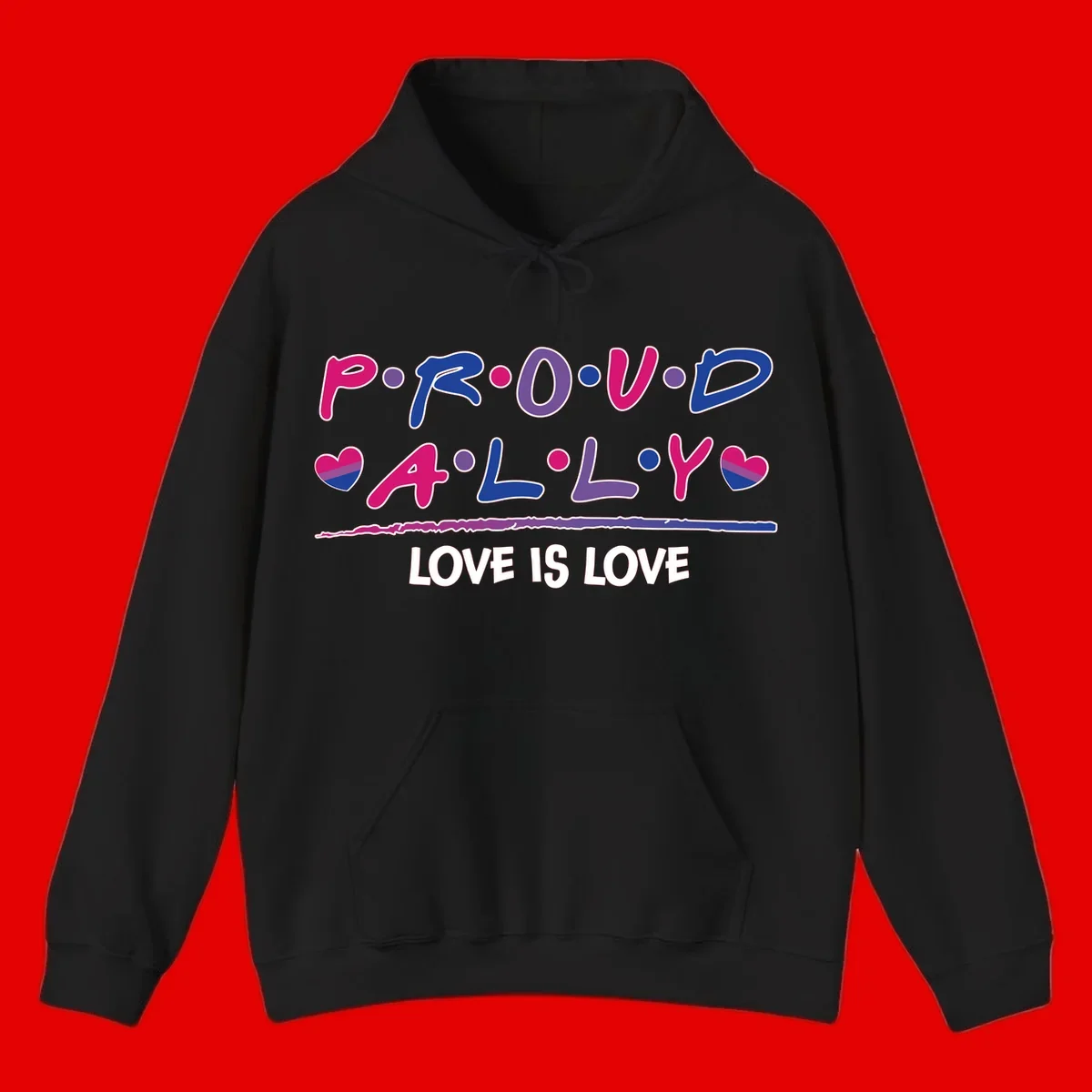 Proud for all ally pride design with colorful letters, bisexual hearts, and love is love message on gray background