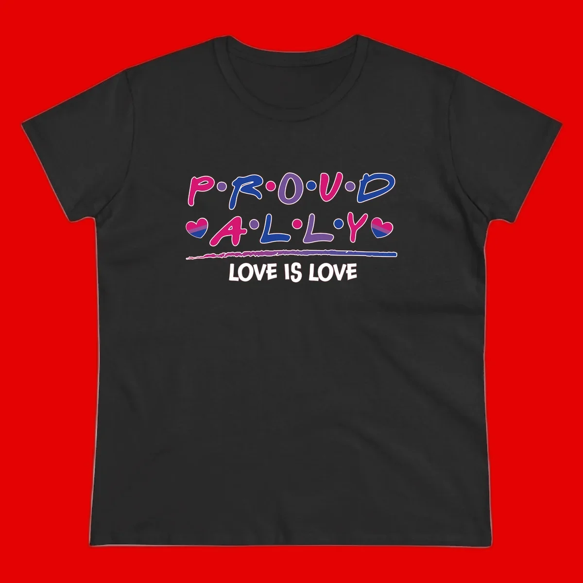 Proud for all ally pride design with colorful letters, bisexual hearts, and love is love message on gray background