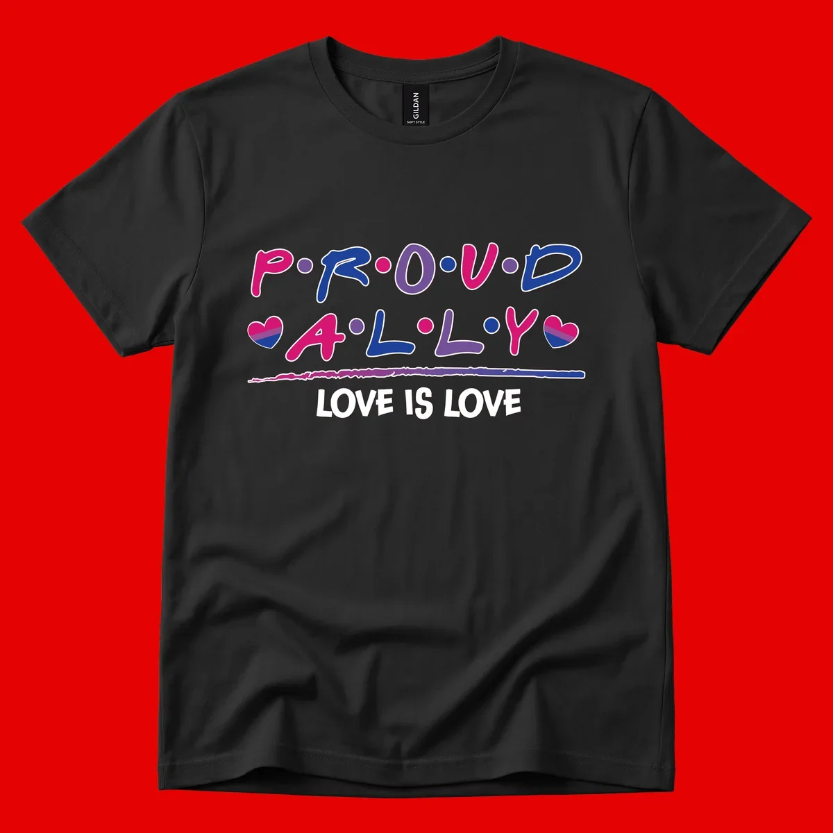 Proud for all ally pride design with colorful letters, bisexual hearts, and love is love message on gray background