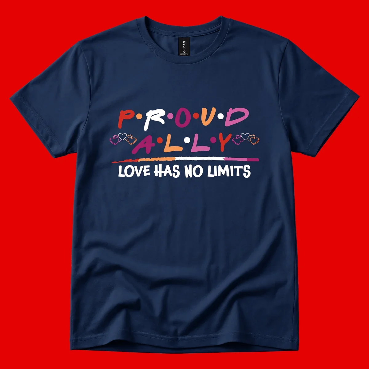 Proud ally pride design with multicolored 'P.ROUD.ALLY' text, decorative hearts, rainbow gradient line, and 'LOVE HAS NO LIMITS' message