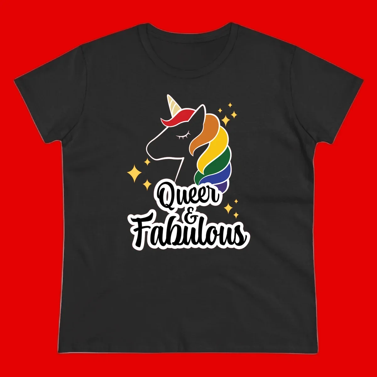 Queen and Fabulous unicorn with rainbow mane and gold horn, surrounded by stars