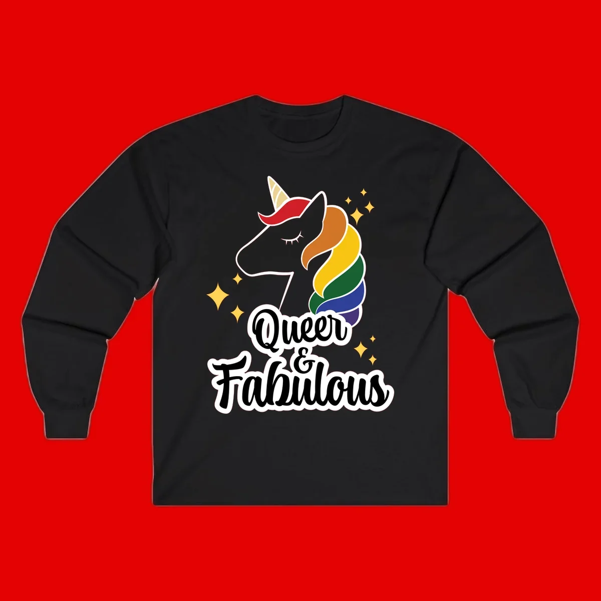 Queen and Fabulous unicorn with rainbow mane and gold horn, surrounded by stars