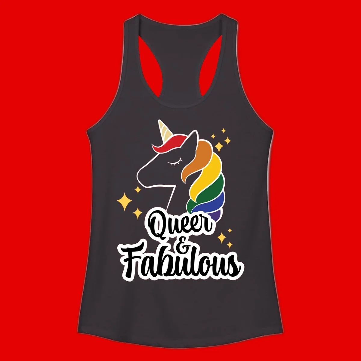 Queen and Fabulous unicorn with rainbow mane and gold horn, surrounded by stars