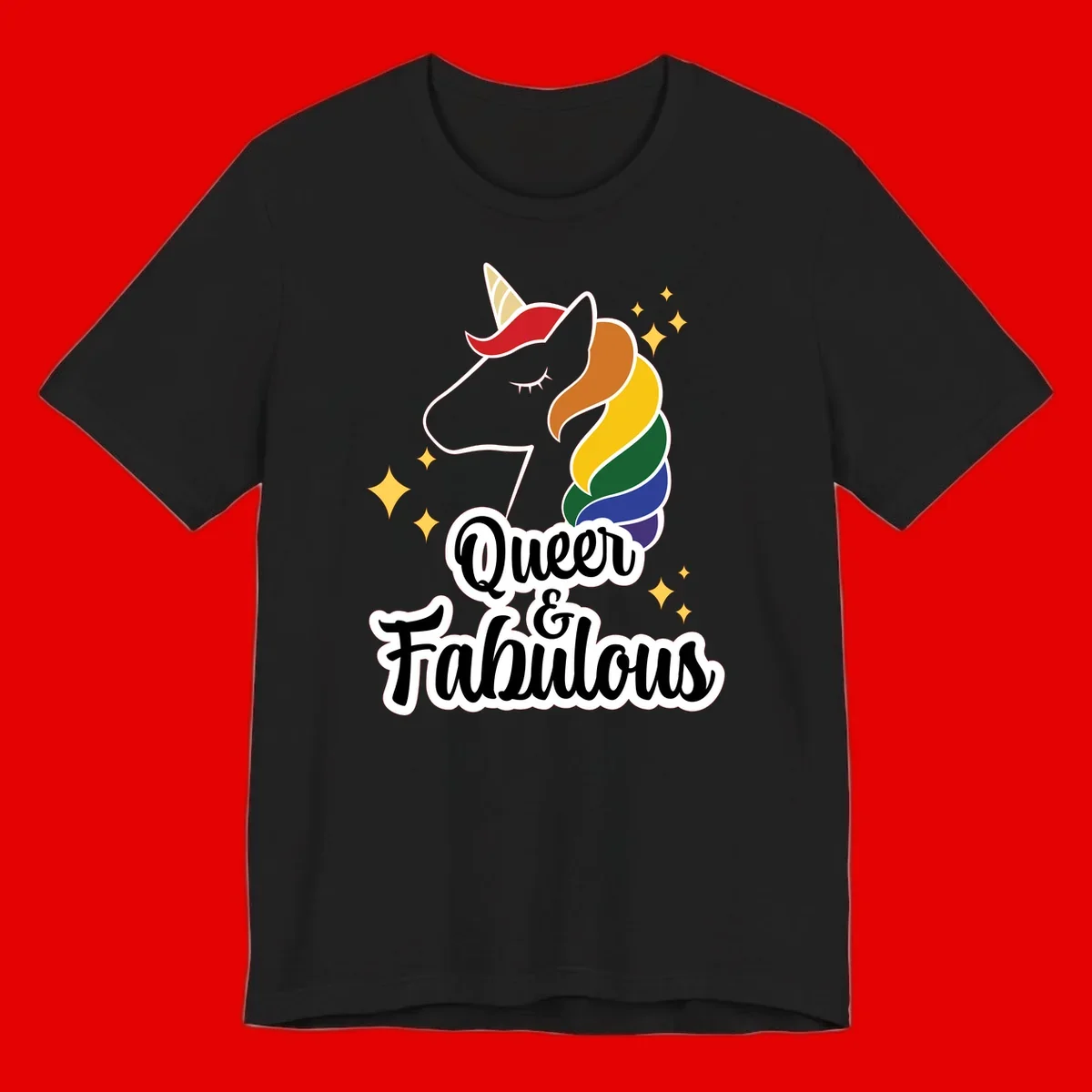 Queen and Fabulous unicorn with rainbow mane and gold horn, surrounded by stars