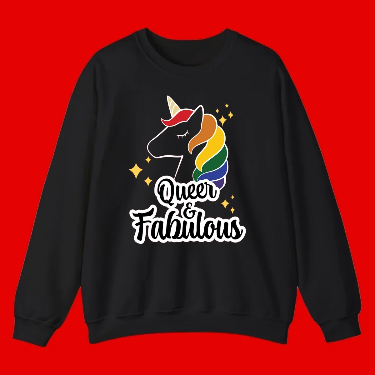 Queen and Fabulous unicorn with rainbow mane and gold horn, surrounded by stars