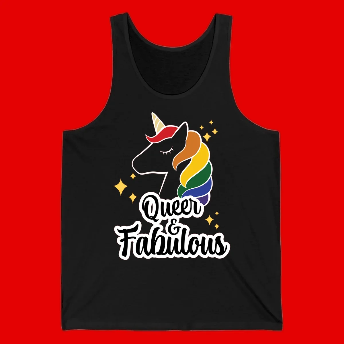 Queen and Fabulous unicorn with rainbow mane and gold horn, surrounded by stars