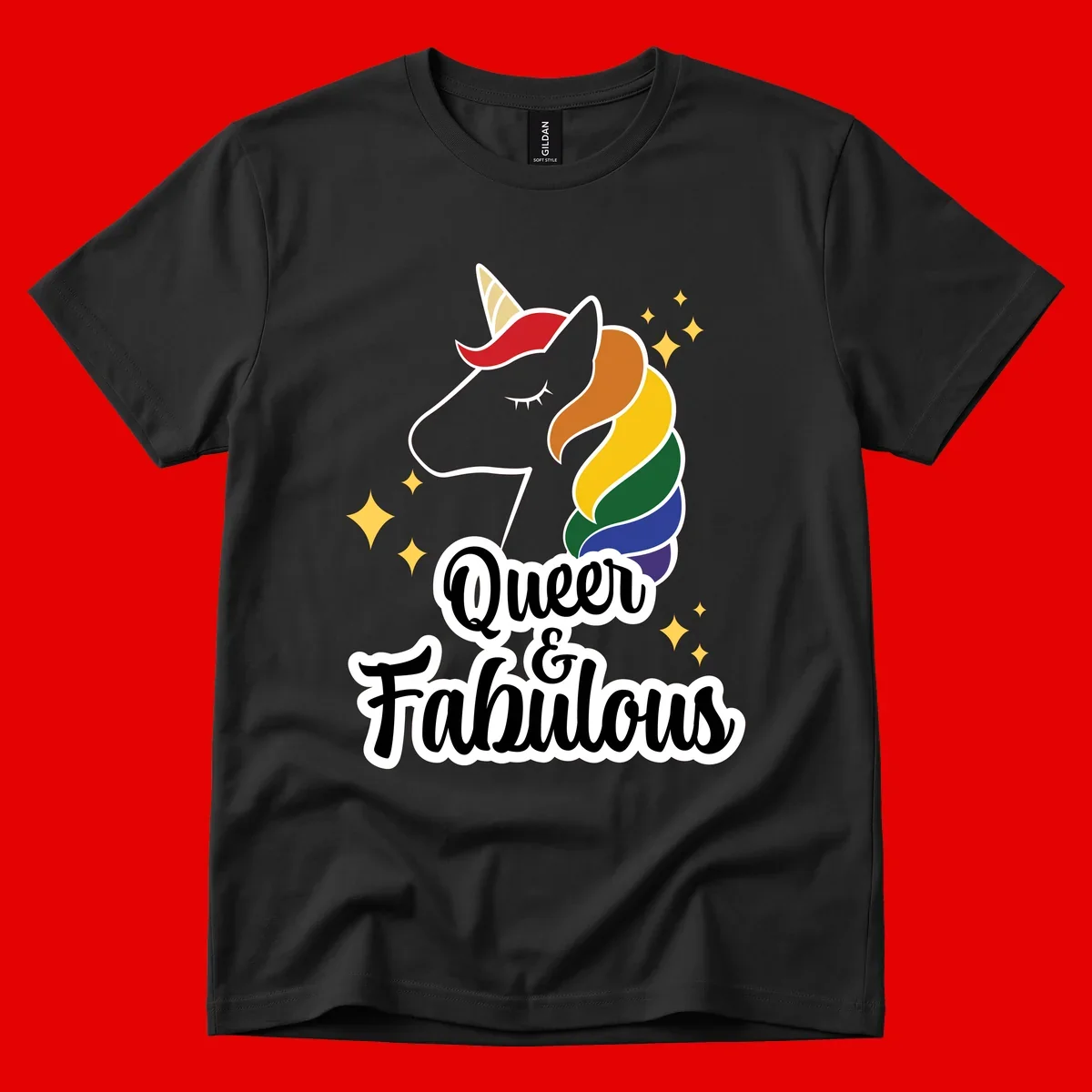 Queen and Fabulous unicorn with rainbow mane and gold horn, surrounded by stars