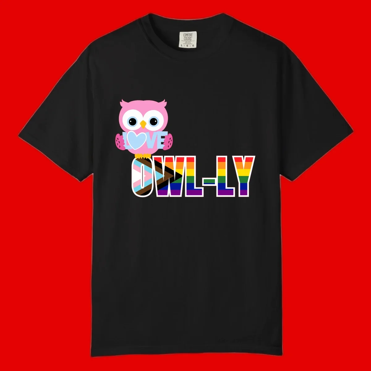 Pink owl holding a blue heart with 'OWELLY' text in rainbow pride flag colors