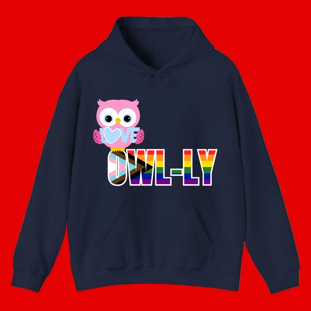 Pink owl holding a blue heart with 'OWELLY' text in rainbow pride flag colors