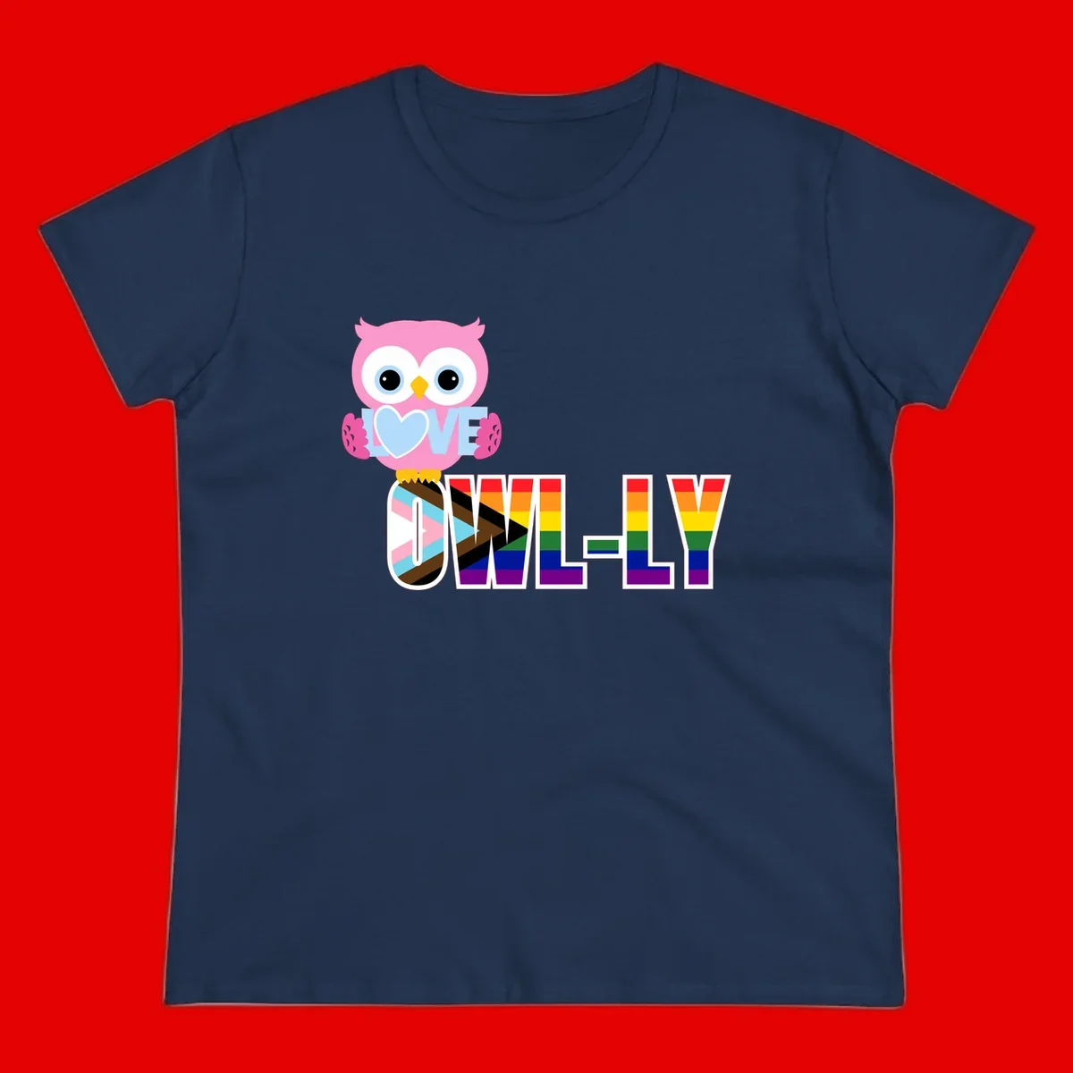 Pink owl holding a blue heart with 'OWELLY' text in rainbow pride flag colors