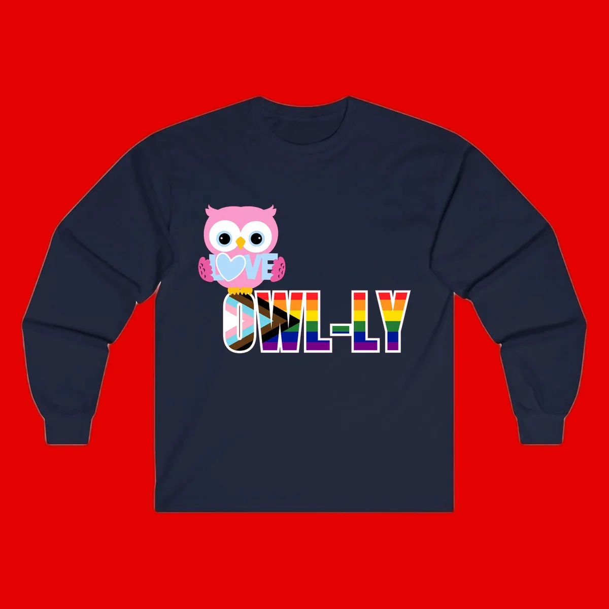 Pink owl holding a blue heart with 'OWELLY' text in rainbow pride flag colors