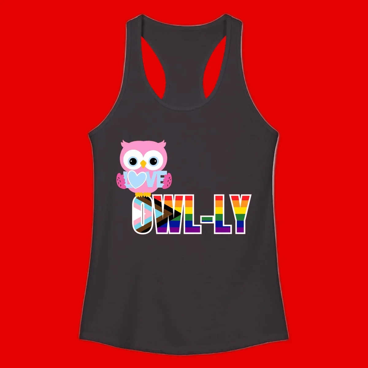Pink owl holding a blue heart with 'OWELLY' text in rainbow pride flag colors