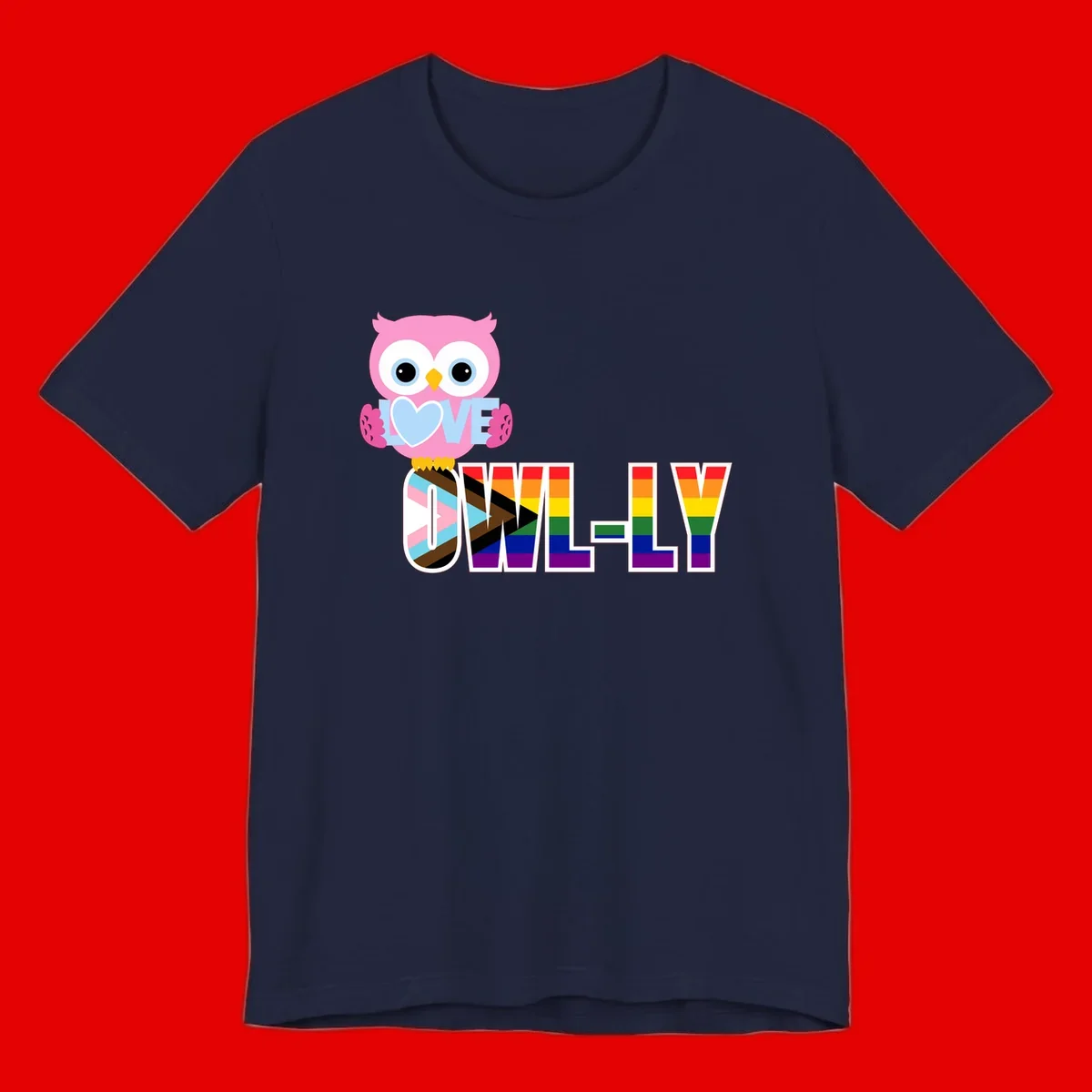 Pink owl holding a blue heart with 'OWELLY' text in rainbow pride flag colors
