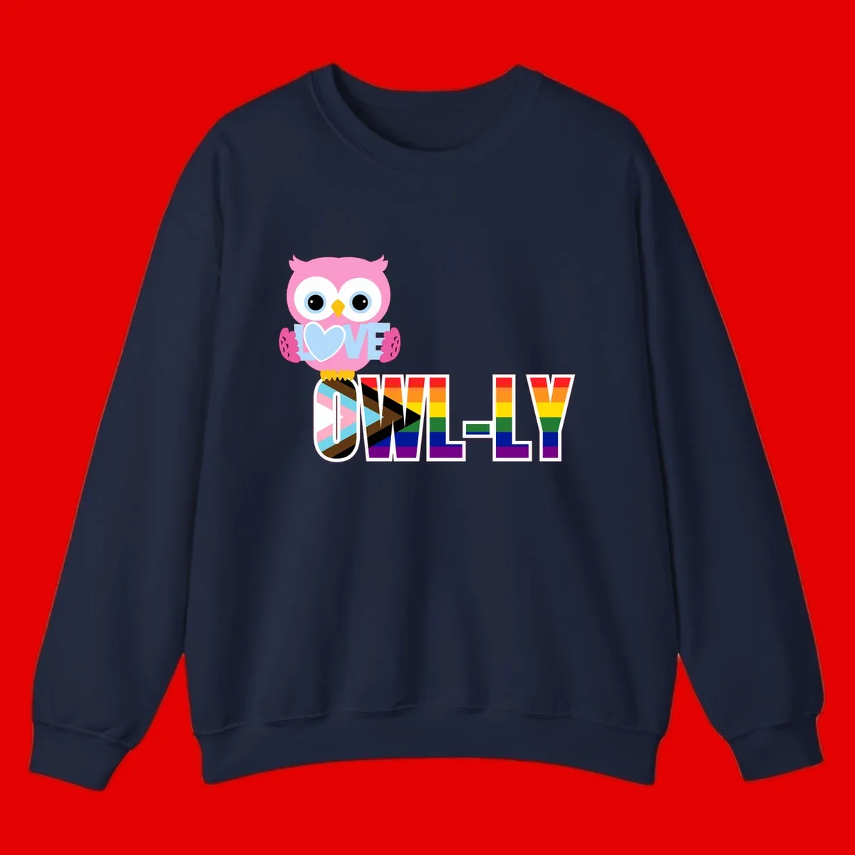 Pink owl holding a blue heart with 'OWELLY' text in rainbow pride flag colors