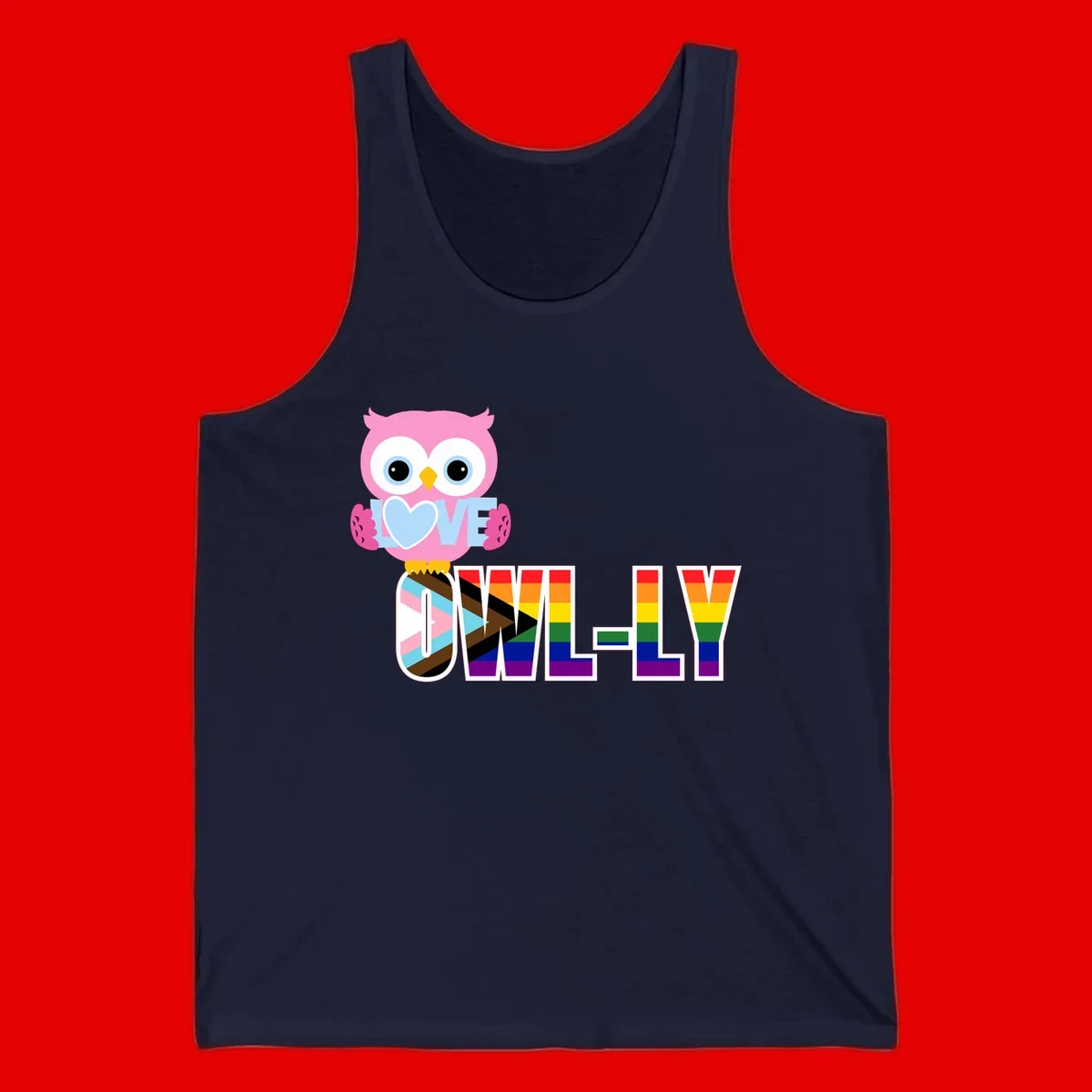 Pink owl holding a blue heart with 'OWELLY' text in rainbow pride flag colors
