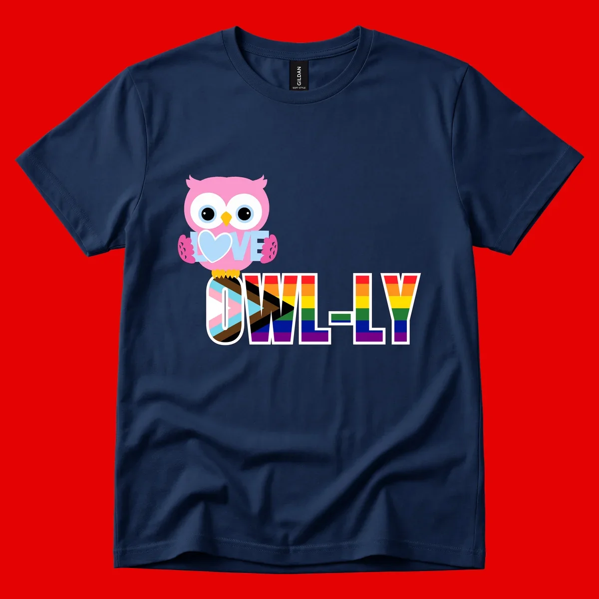Pink owl holding a blue heart with 'OWELLY' text in rainbow pride flag colors