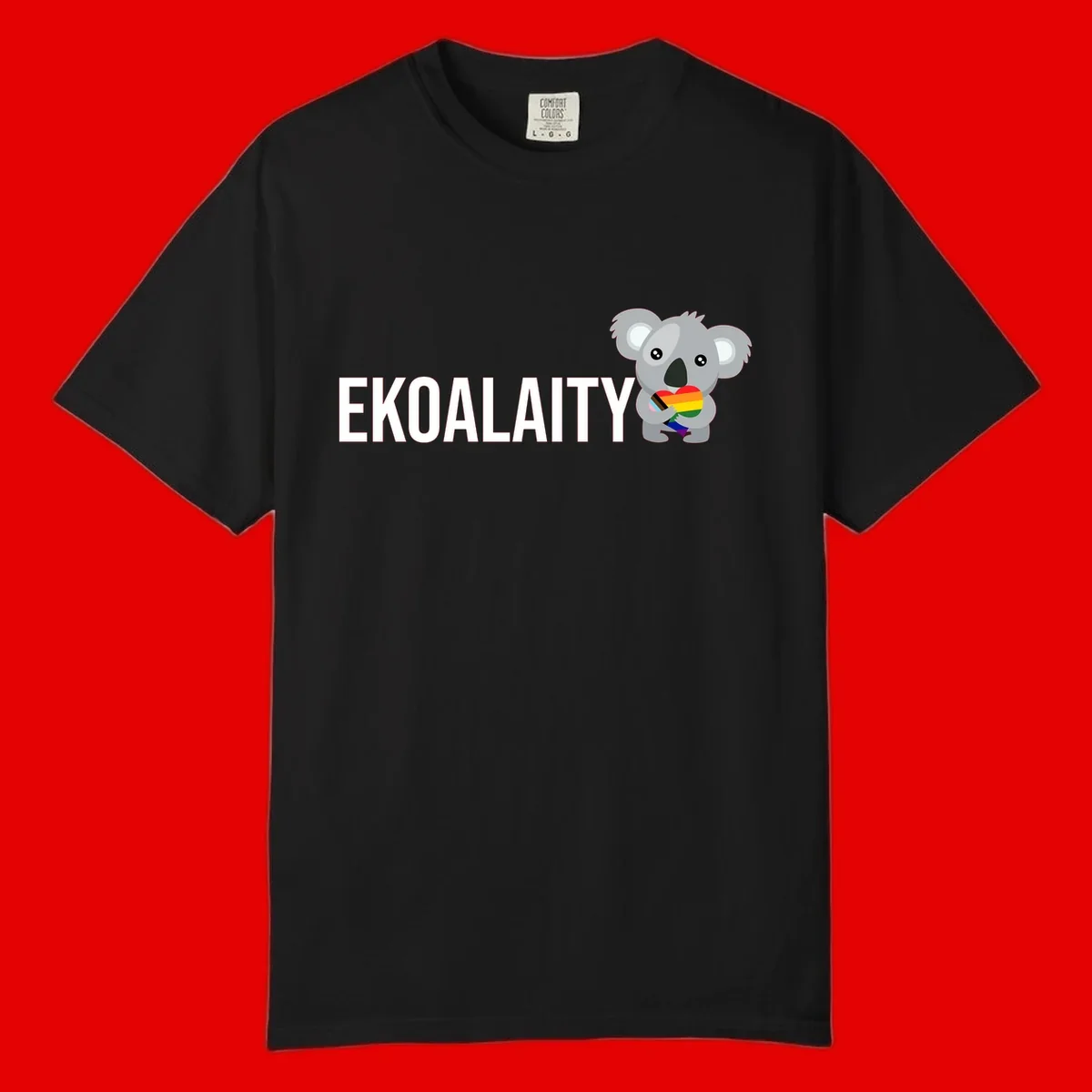 Gray koala holding a rainbow pride flag with 'EKOALITY' text, celebrating LGBTQ+ equality and inclusion