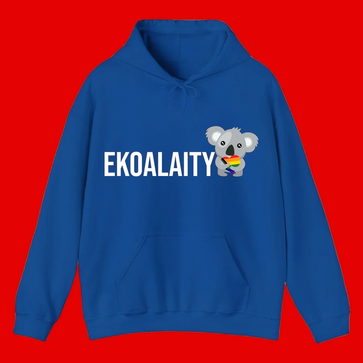 Gray koala holding a rainbow pride flag with 'EKOALITY' text, celebrating LGBTQ+ equality and inclusion