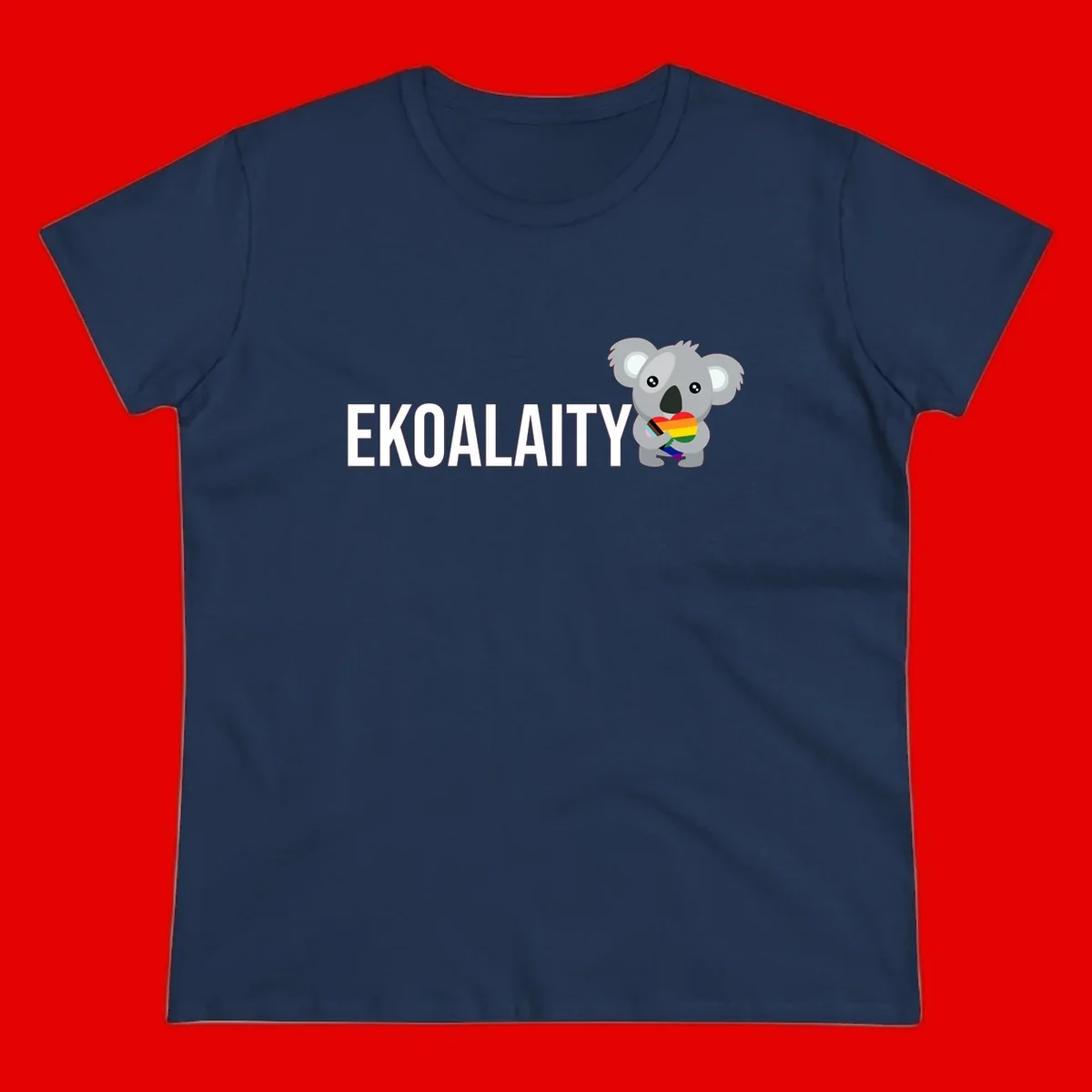 Gray koala holding a rainbow pride flag with 'EKOALITY' text, celebrating LGBTQ+ equality and inclusion