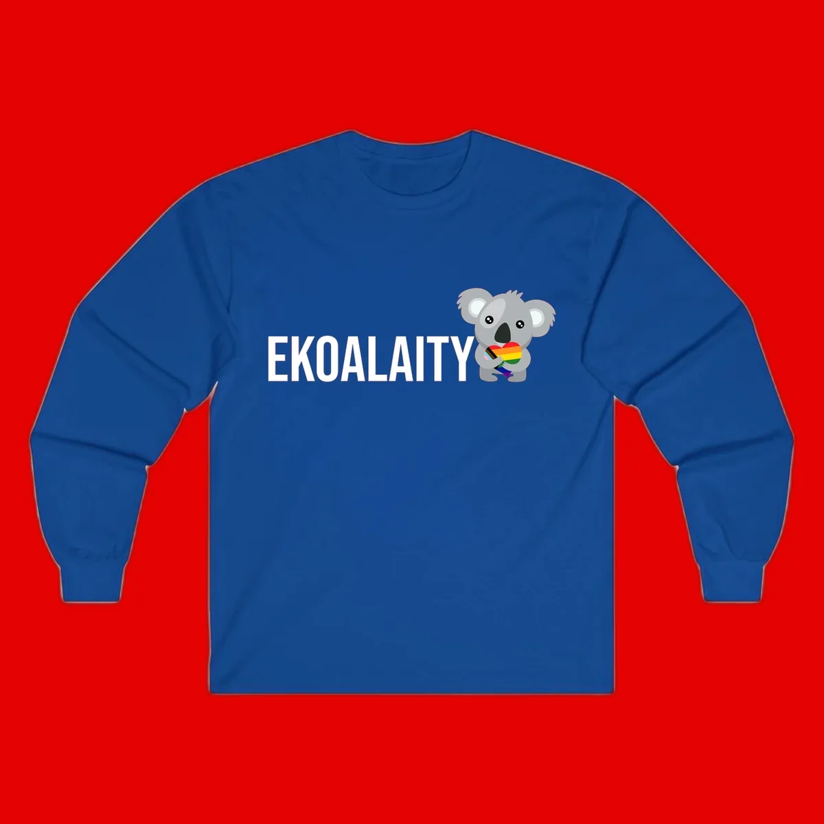Gray koala holding a rainbow pride flag with 'EKOALITY' text, celebrating LGBTQ+ equality and inclusion