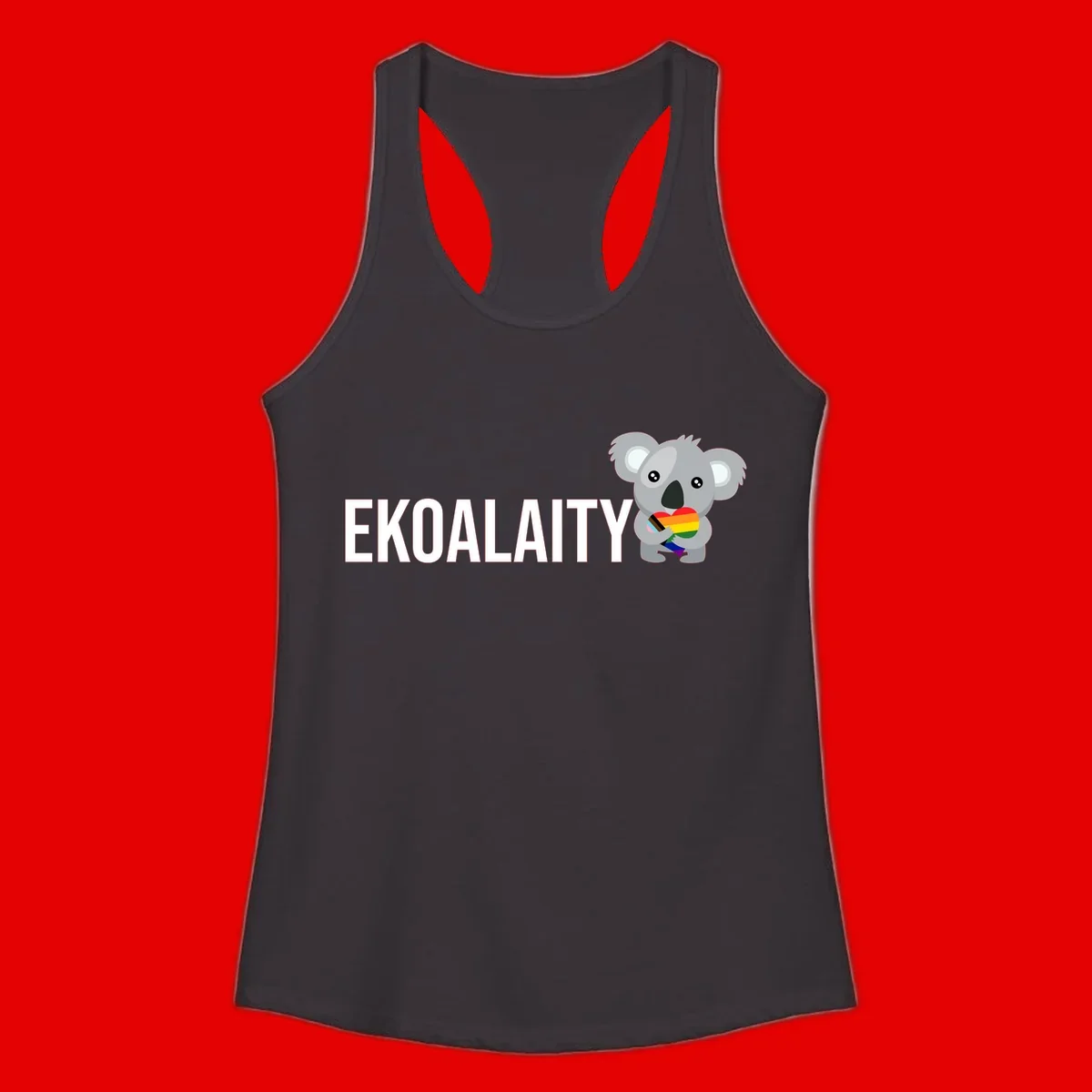 Gray koala holding a rainbow pride flag with 'EKOALITY' text, celebrating LGBTQ+ equality and inclusion