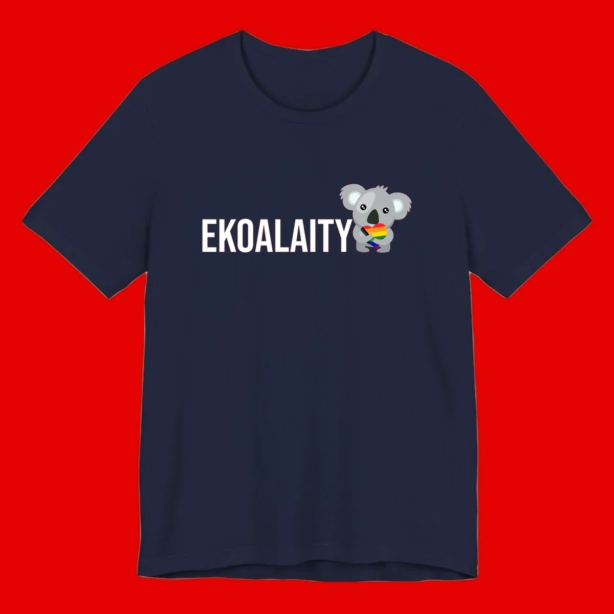 Gray koala holding a rainbow pride flag with 'EKOALITY' text, celebrating LGBTQ+ equality and inclusion