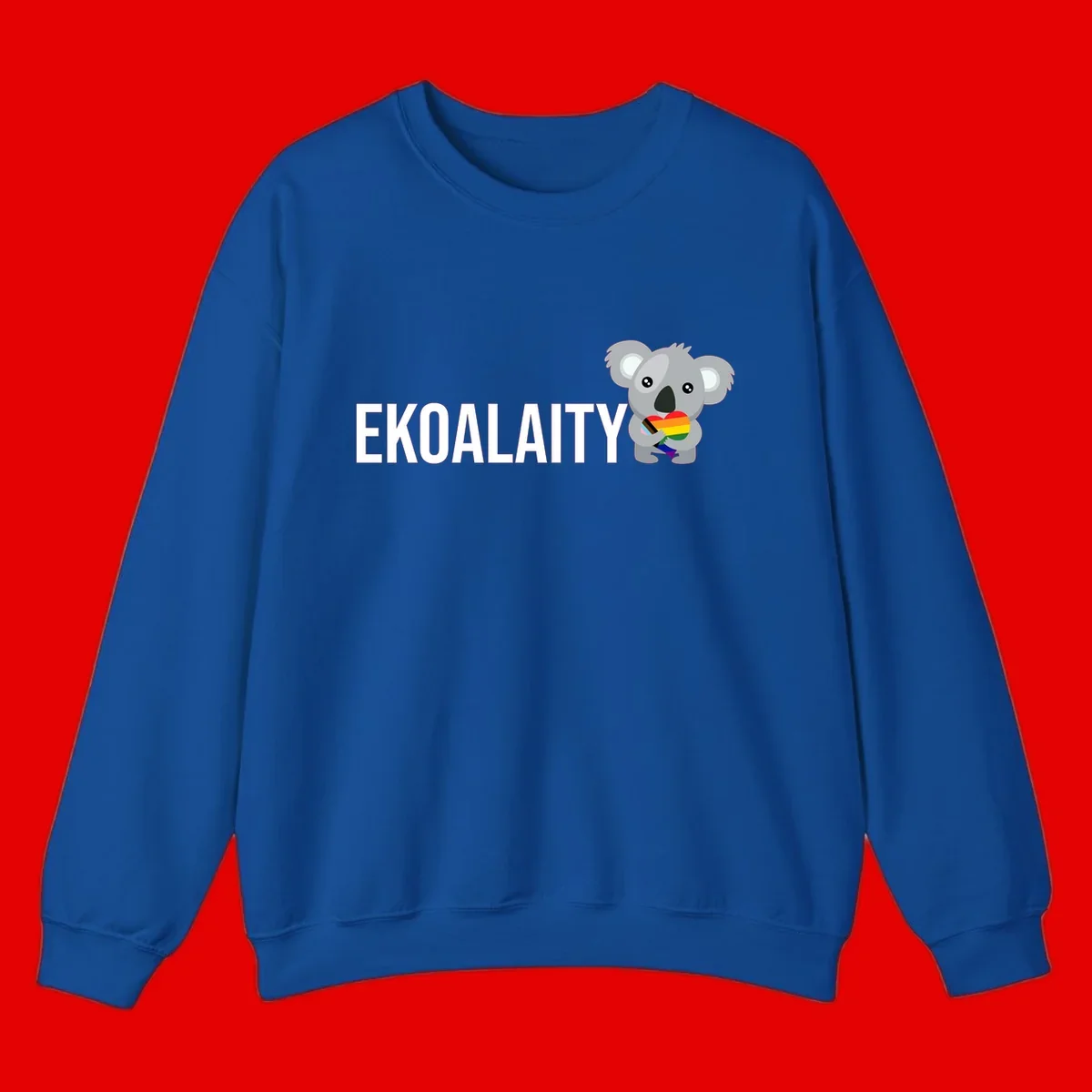 Gray koala holding a rainbow pride flag with 'EKOALITY' text, celebrating LGBTQ+ equality and inclusion