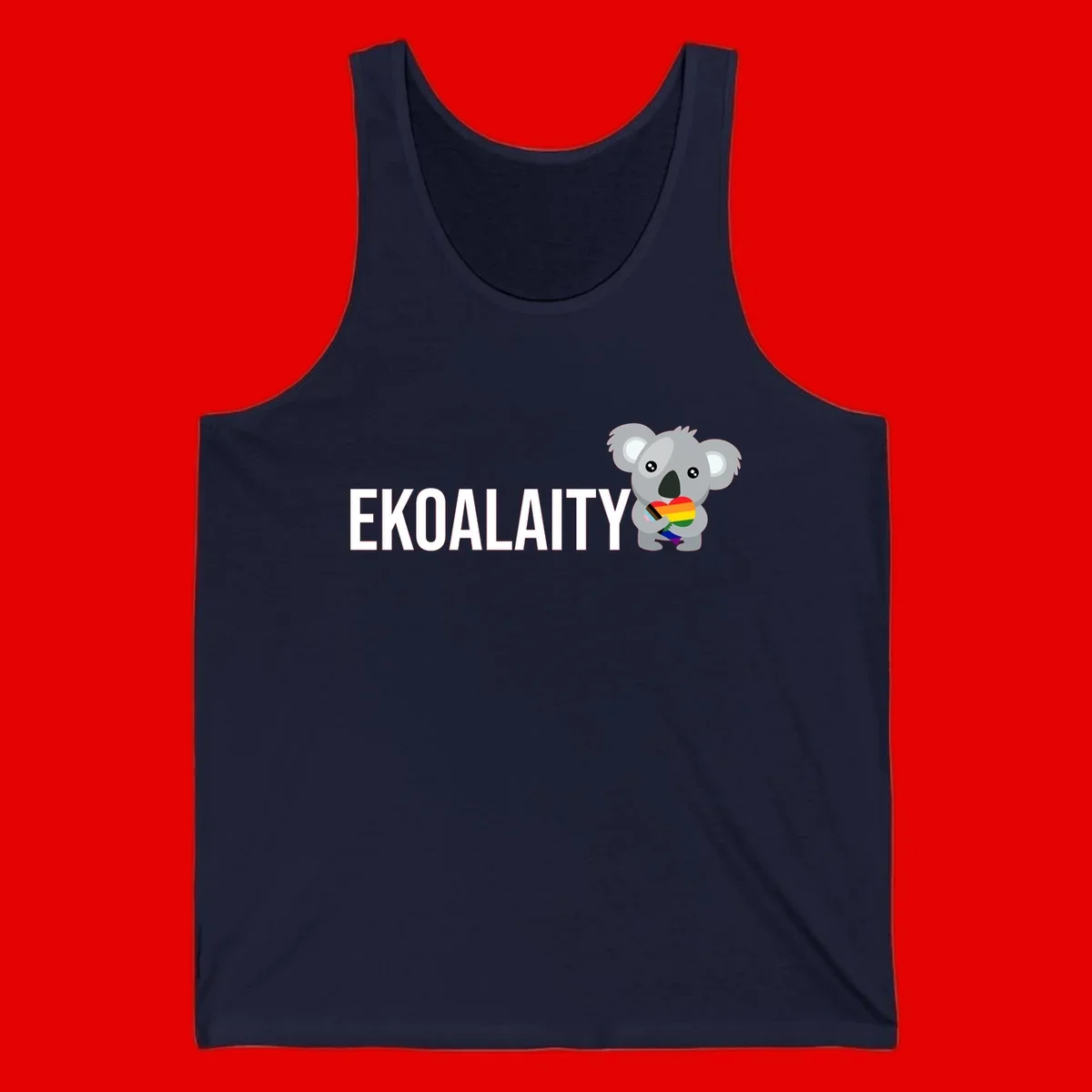 Gray koala holding a rainbow pride flag with 'EKOALITY' text, celebrating LGBTQ+ equality and inclusion