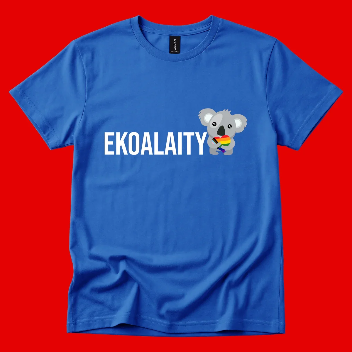 Gray koala holding a rainbow pride flag with 'EKOALITY' text, celebrating LGBTQ+ equality and inclusion