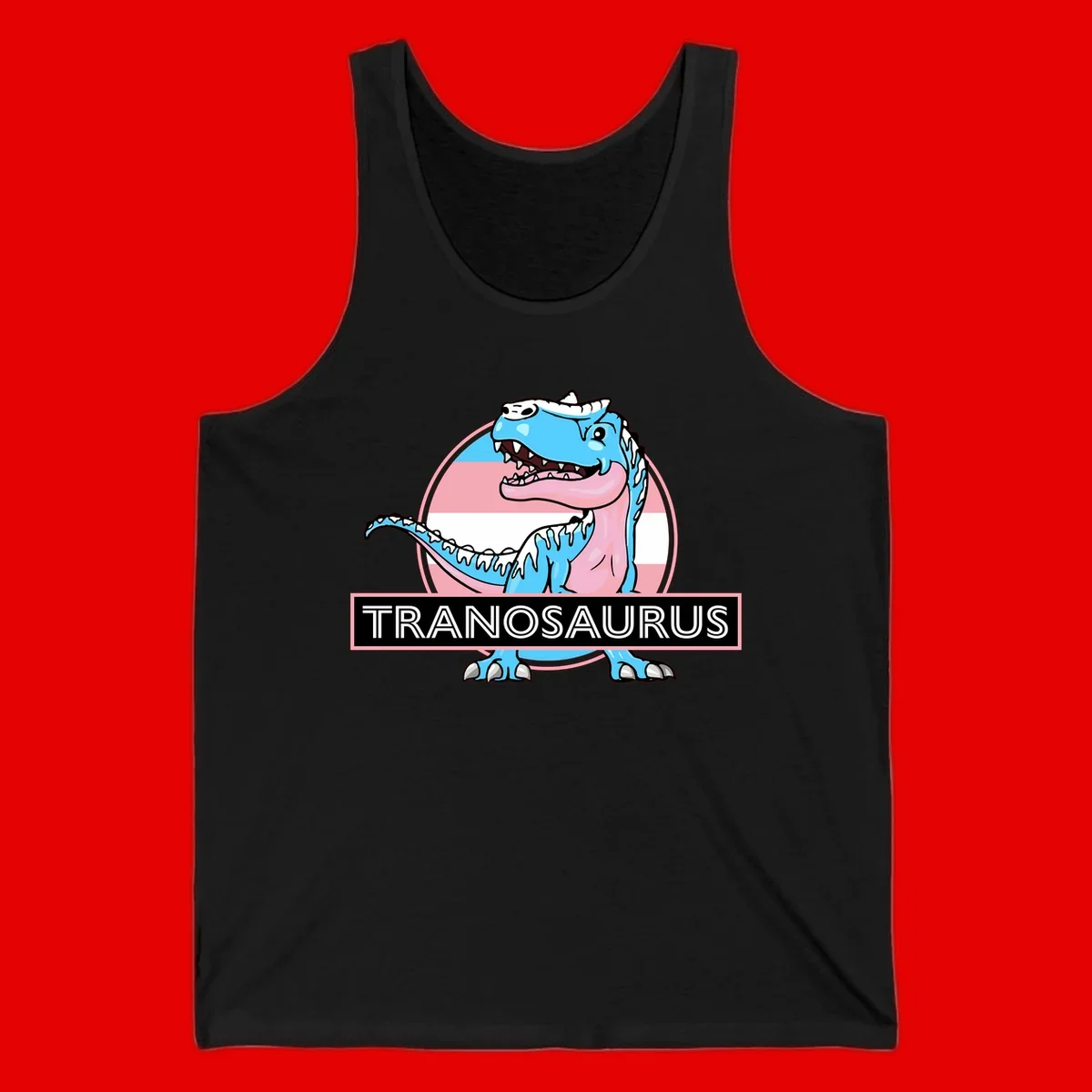 Blue cartoon T-Rex dinosaur with open mouth against pink and white pride flag circular background, labeled Tranosaurus