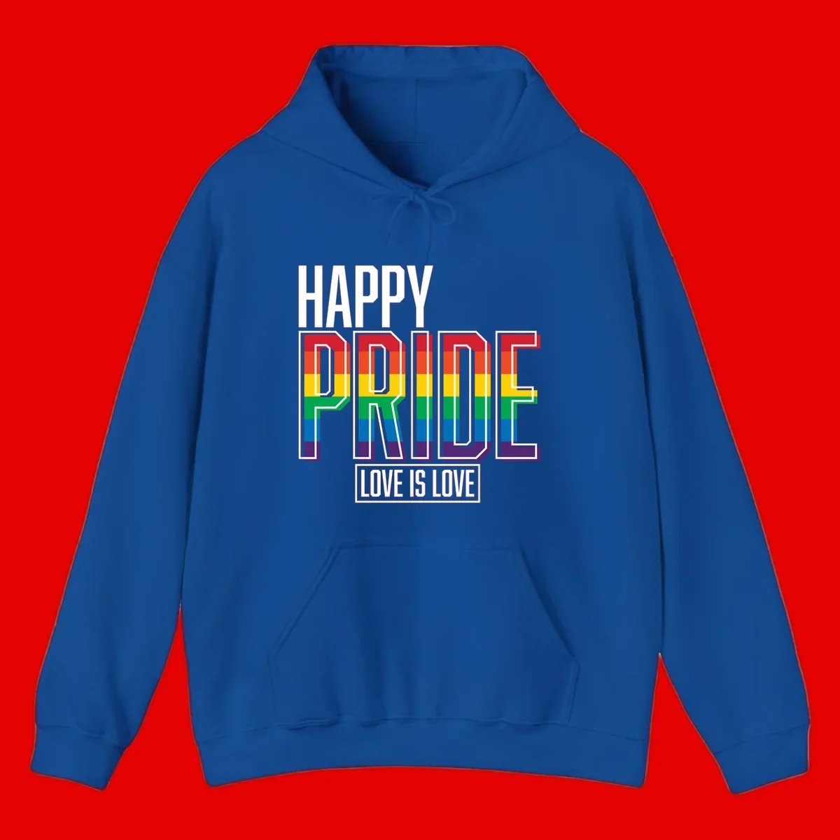 Happy Pride Love Is Love design featuring 3D rainbow block letters with pride flag colors on gray background