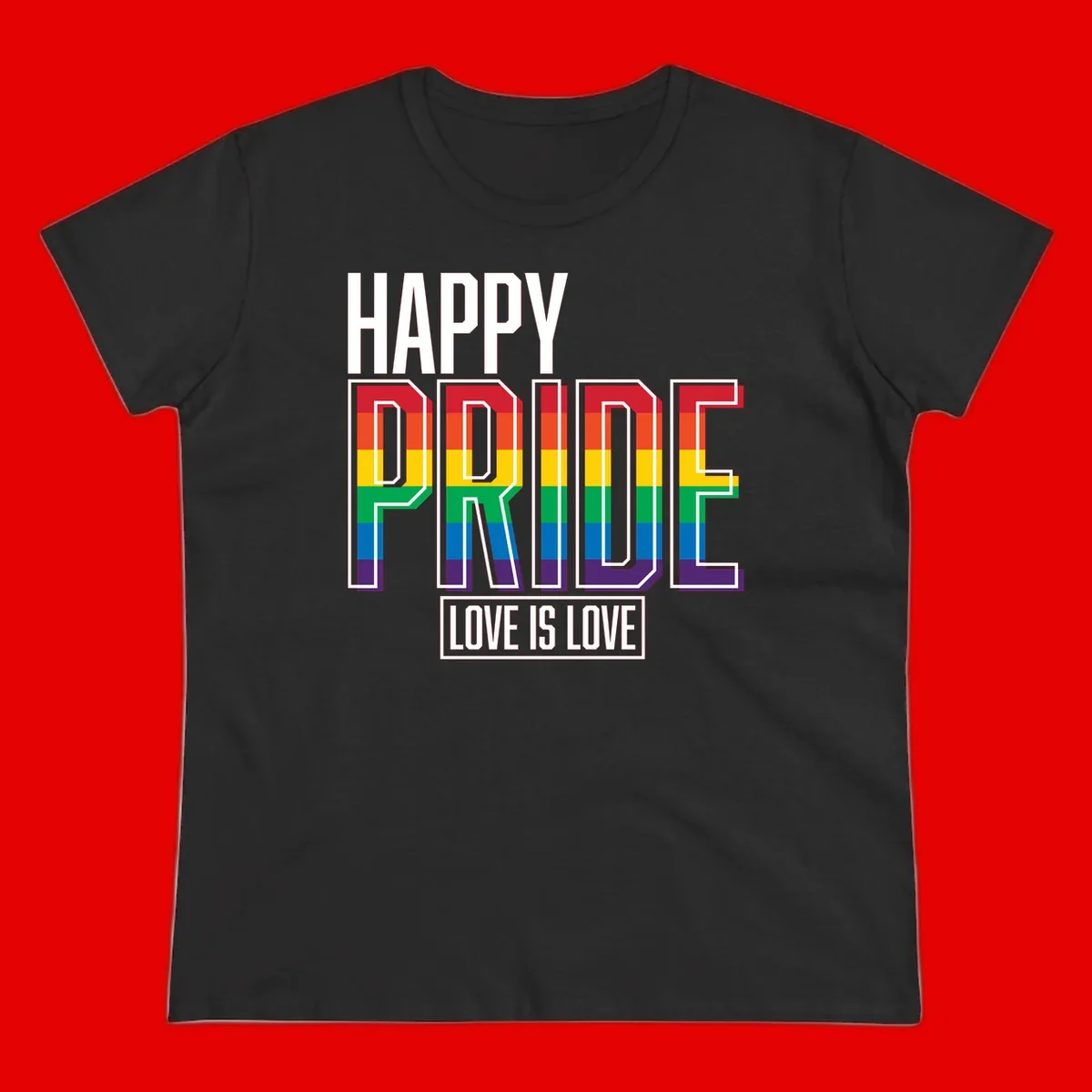 Happy Pride Love Is Love design featuring 3D rainbow block letters with pride flag colors on gray background