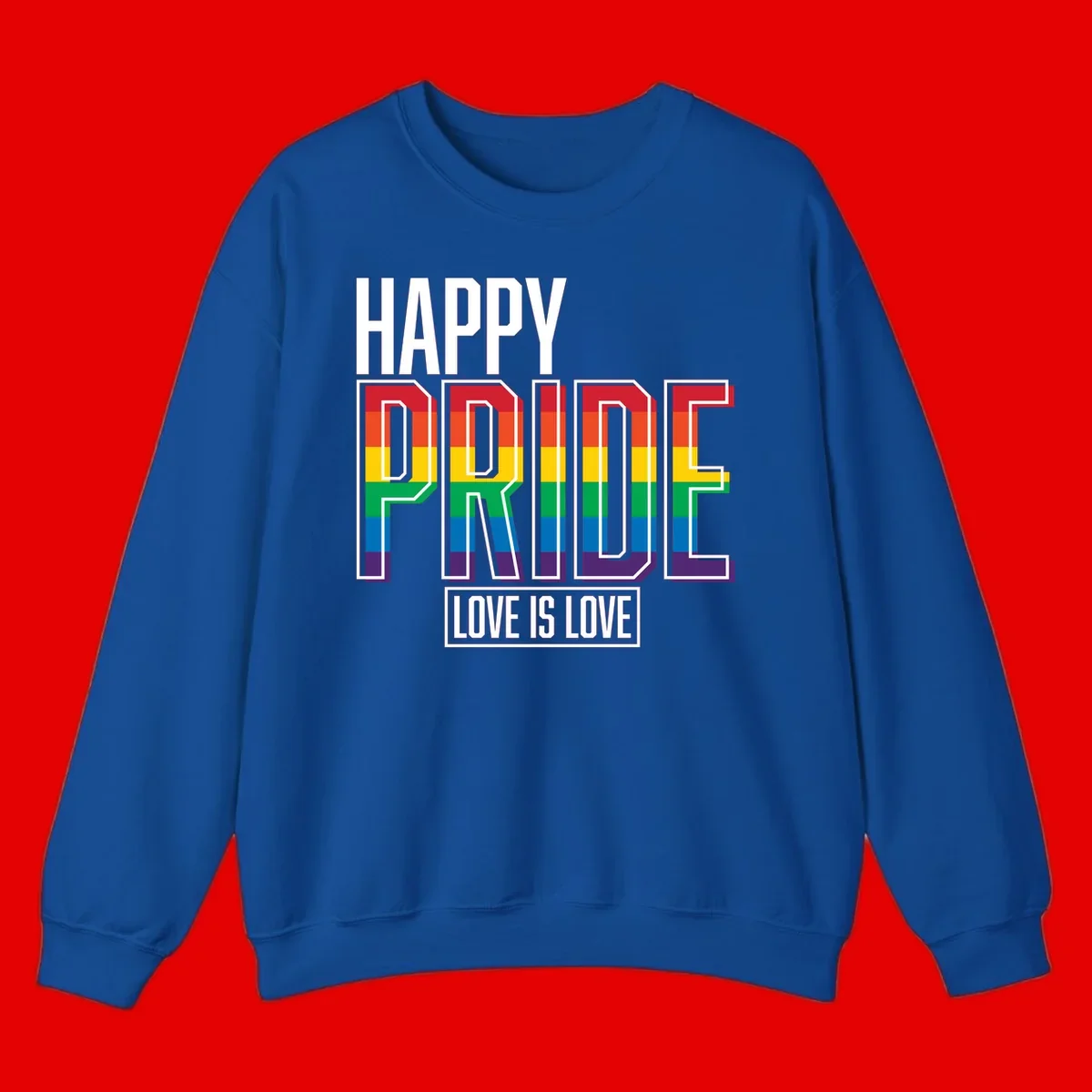 Happy Pride Love Is Love design featuring 3D rainbow block letters with pride flag colors on gray background