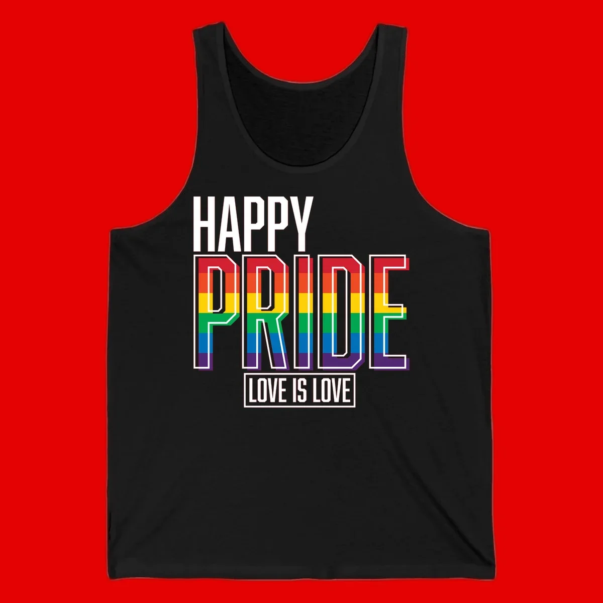 Happy Pride Love Is Love design featuring 3D rainbow block letters with pride flag colors on gray background